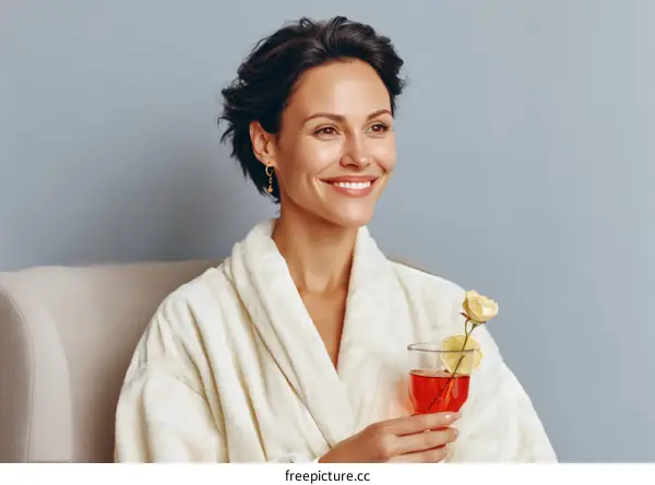 Woman Relaxing in a Bathrobe with Drink