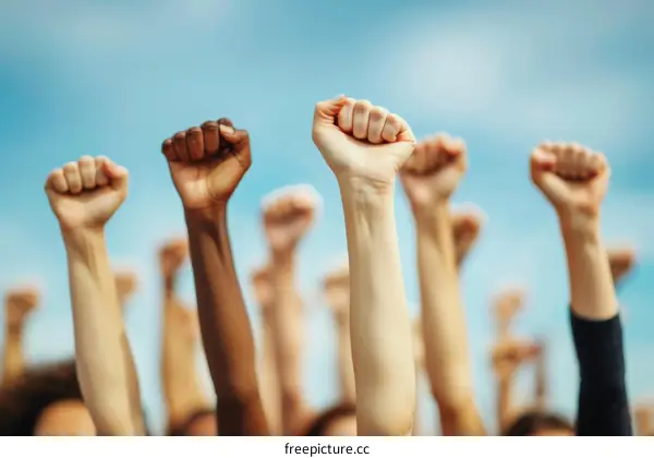 A group of people of different ethnicities raising their fists in the air in protest