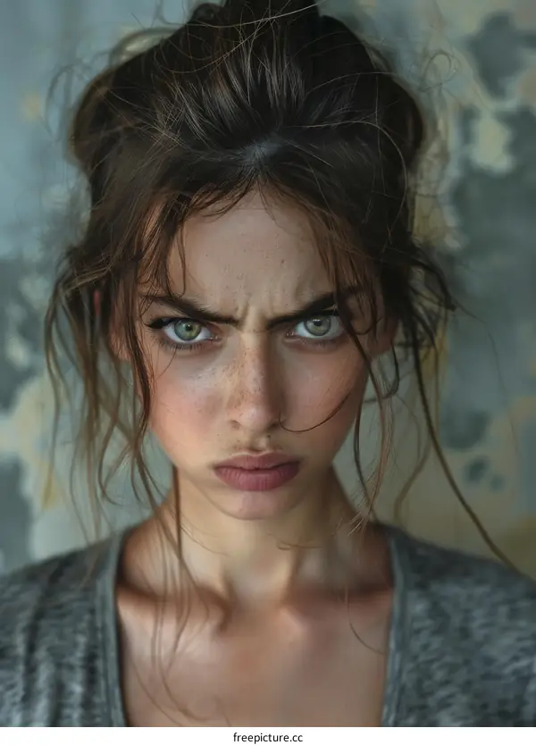 portrait of a young woman with green eyes looking at the camera with an angry expression