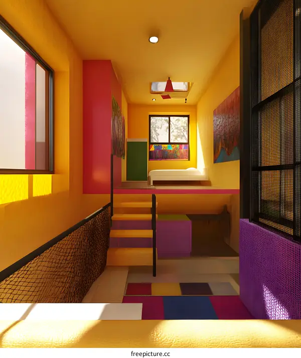 Colorful Loft Interior Design with Yellow Walls and a Bed on the Upper Level
