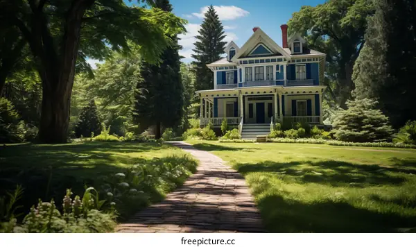 Blue Victorian House with Brick Walkway and Green Grass