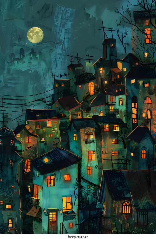 Nighttime Cityscape with Moon and Windows Lit Up