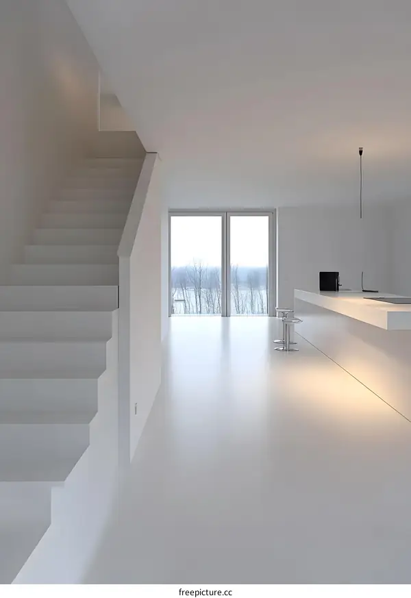 Modern Minimalist White Staircase and Kitchen Countertop Design in a Luxury Home
