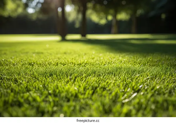 Close-up of green grass field with blurred trees in the background