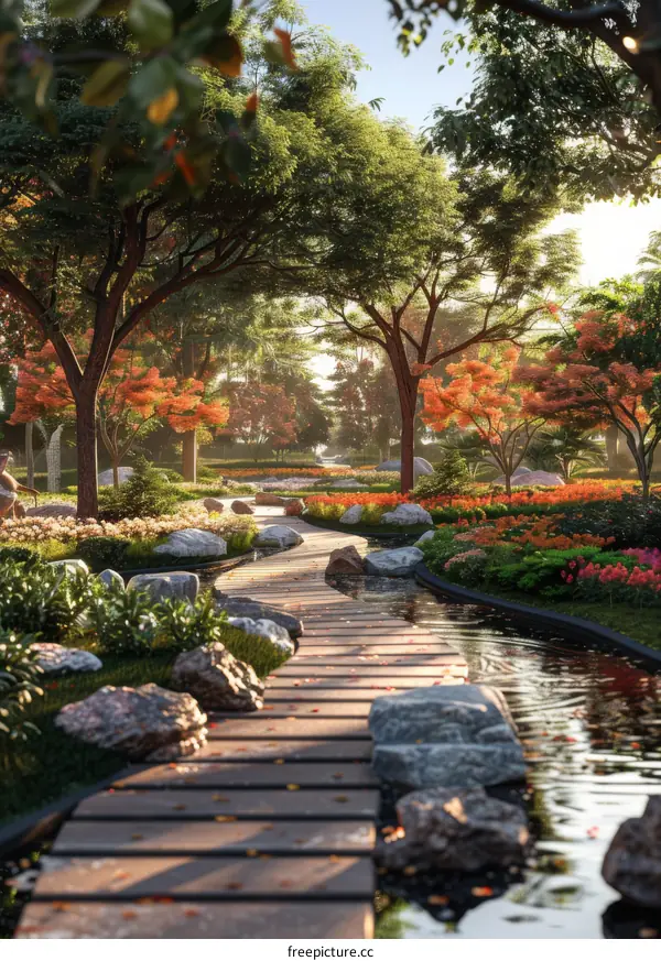 Serene Landscaped Garden with Stone Path and River
