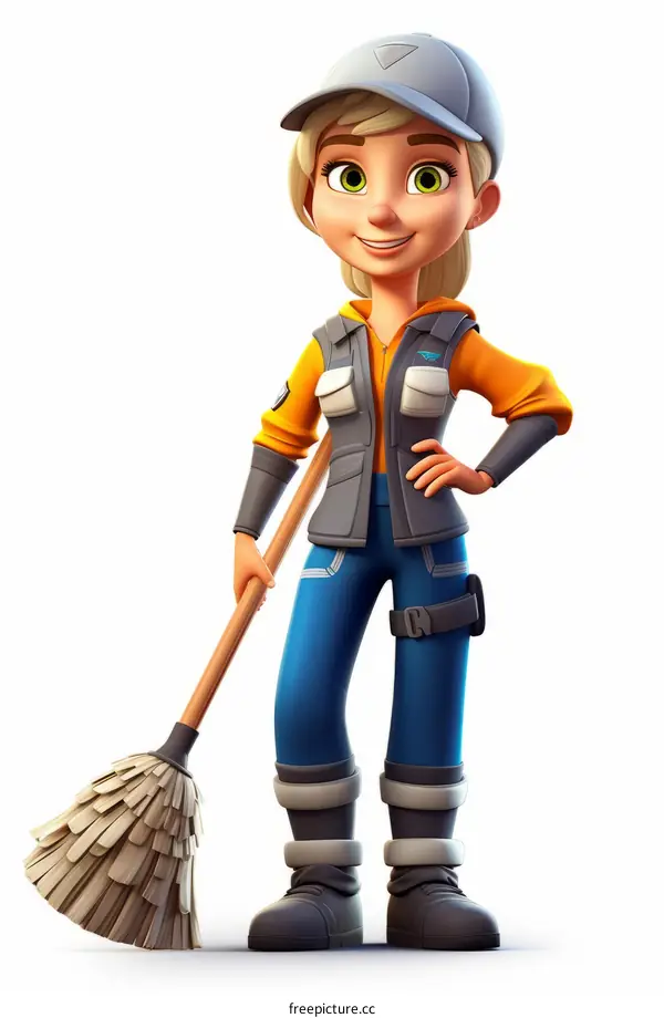 3D illustration of a female janitor holding a mop