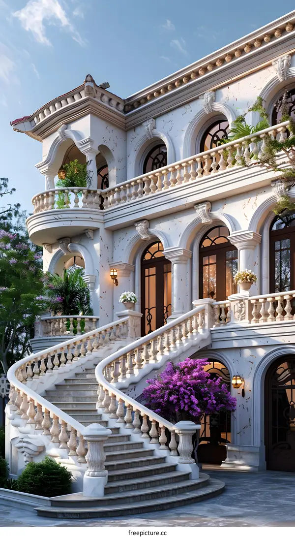 European-style villa with white exterior and curved staircase