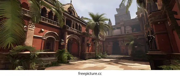 Ancient Indian Palace Courtyard With Palm Trees