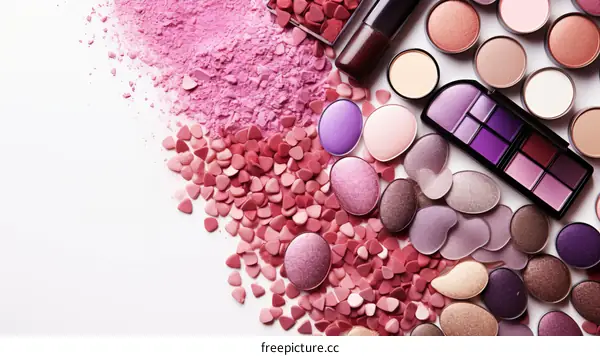 Various shades of purple and pink makeup products scattered on a white surface