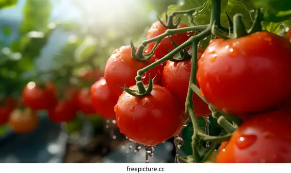 Close-up of ripe tomatoes on the vine in a greenhouse
