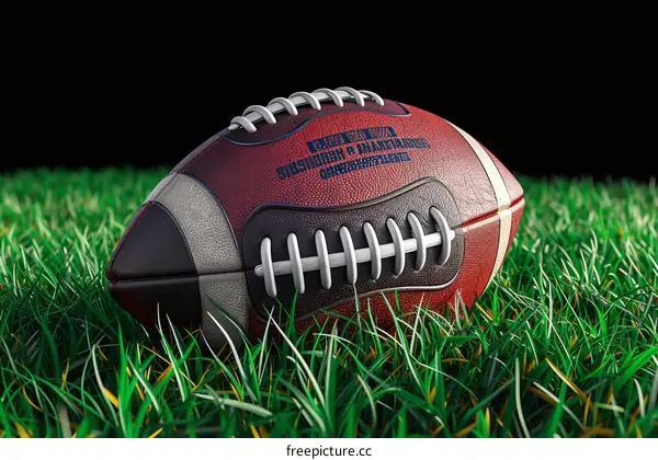 Old vintage brown American football ball on green grass field. 3D illustration.