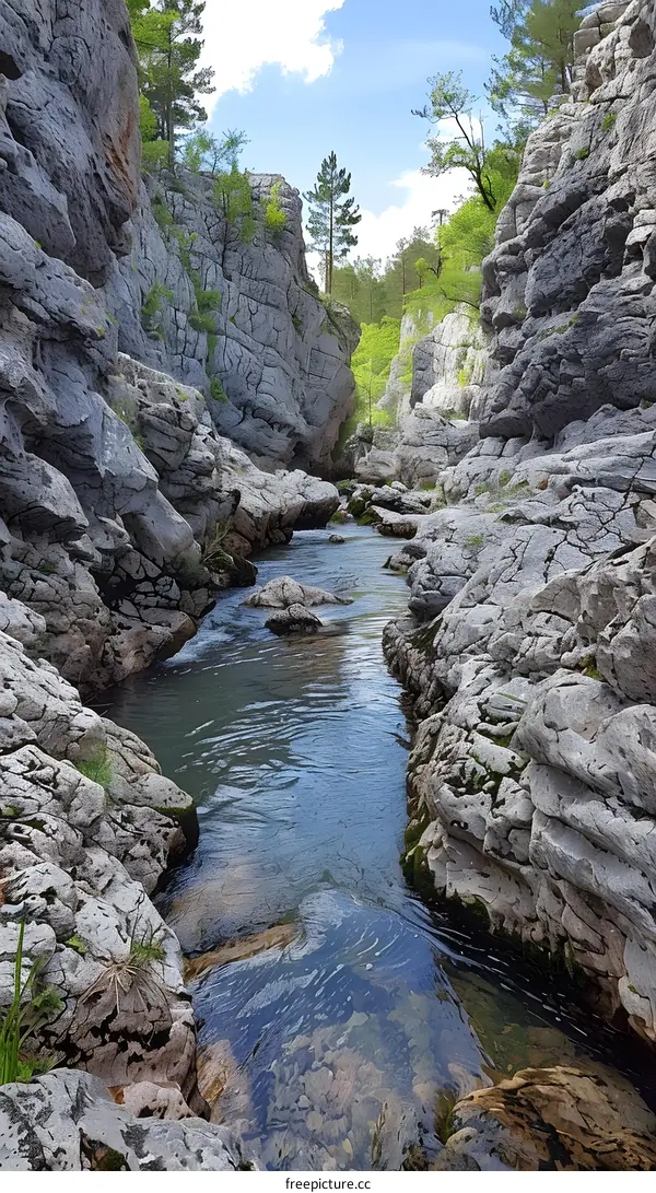 Narrow River Through Rocky Mountain Pass