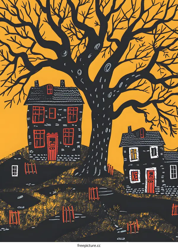 Black and White Illustration of Two Houses Underneath a Bare Tree