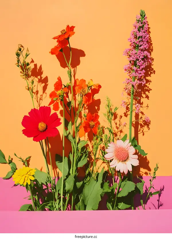 Colorful Flowers with Shadows on Pink and Orange Background