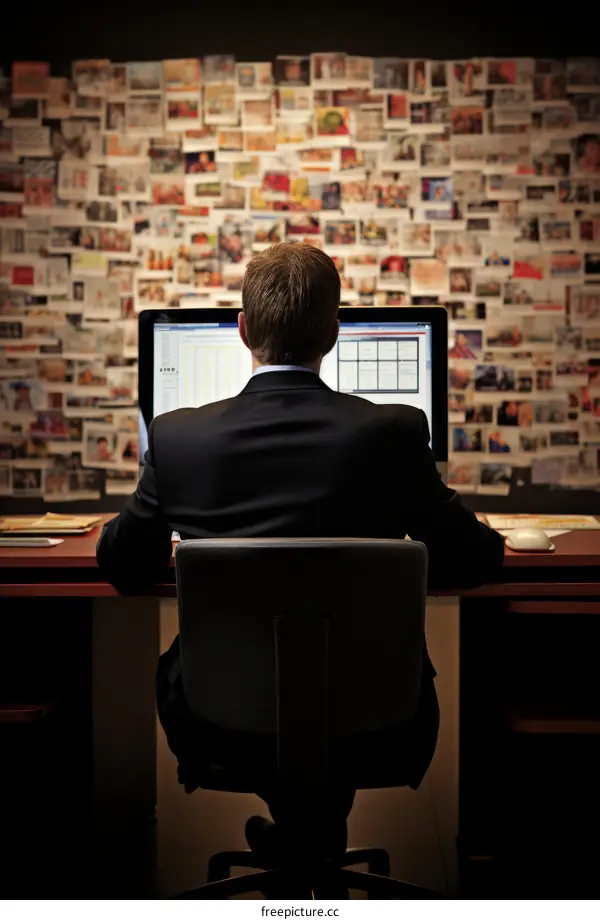 Man in suit looking at computer screen with many photos on the wall