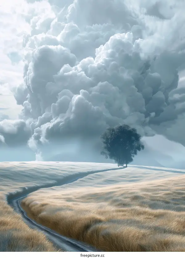 Stormy Country Road Through Grass Field