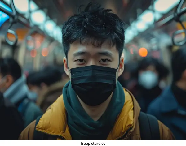 A young man wearing a mask is looking at the camera.