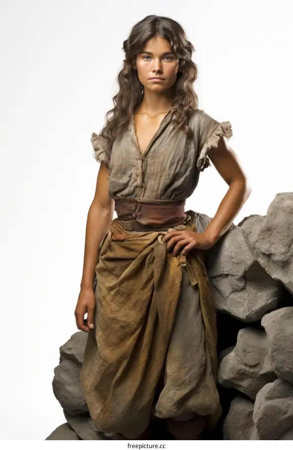 A young woman in a brown dress standing next to a rock