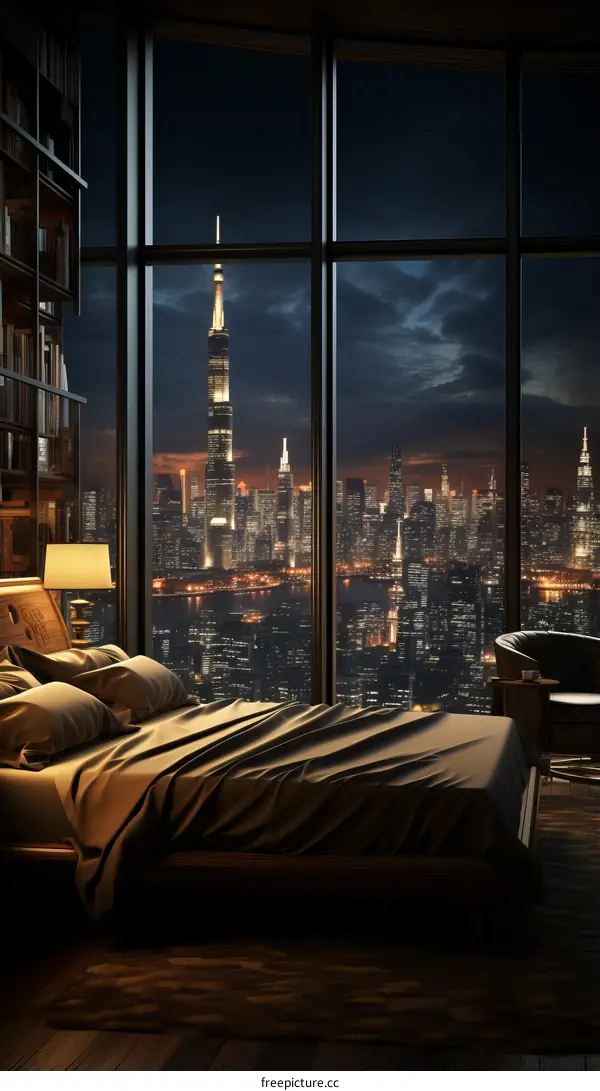 Urban Bedroom with Night City View