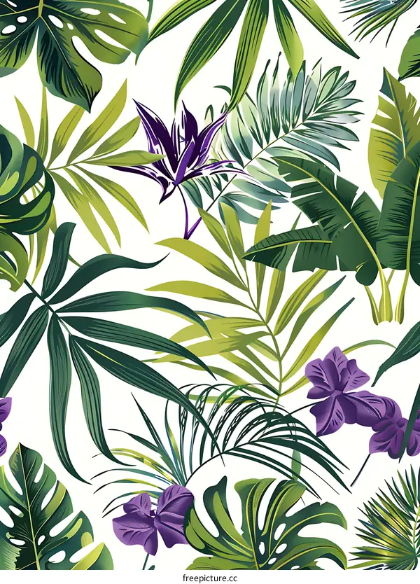 Tropical Leaves and Flowers Seamless Pattern
