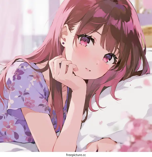 A Young Girl with Long Pink Hair Resting on a Pillow