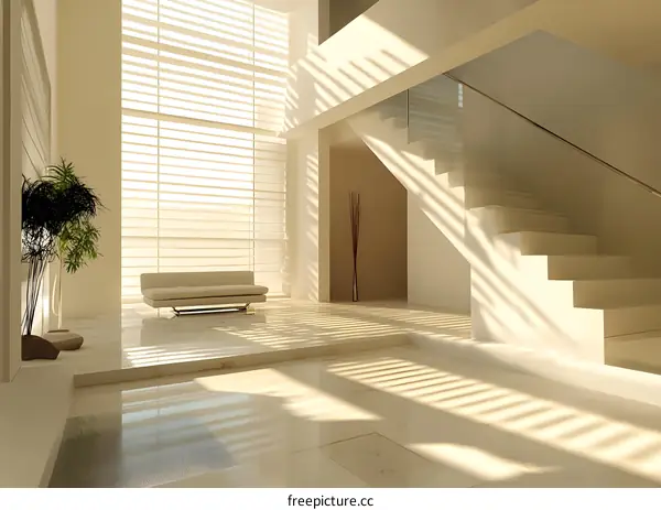 Modern Minimalist Home Interior Design With White Couch and Staircase
