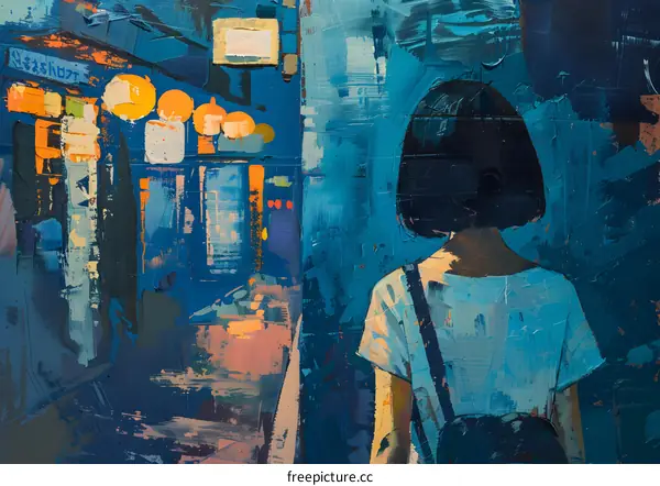 Woman walking at night oil painting