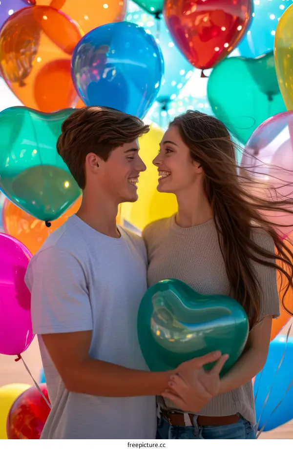 Happy young couple with balloons at a funfair