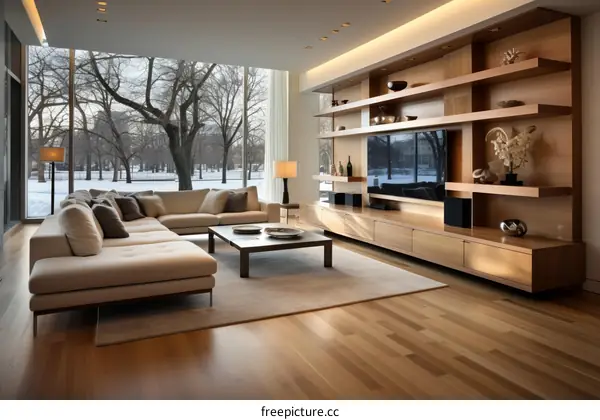Bright living room with white sofa and wooden TV wall