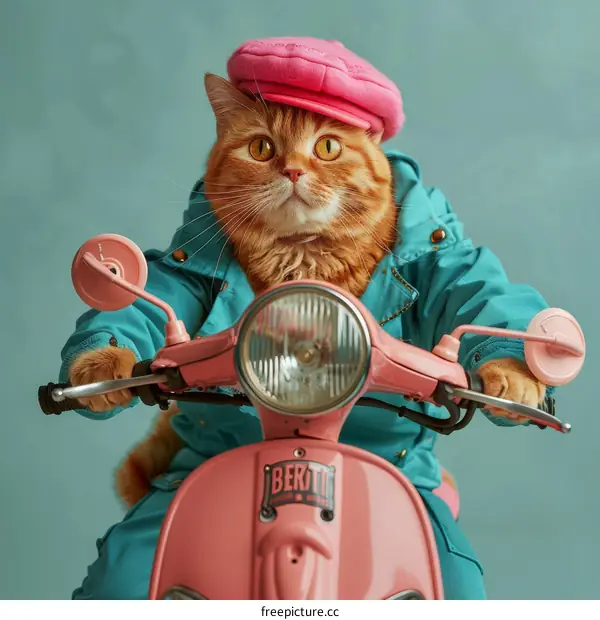 Ginger Cat Riding Retro Scooter