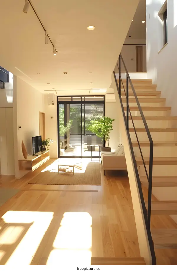 Modern Minimalist Interior Design with Wooden Stairs and Glass Doors