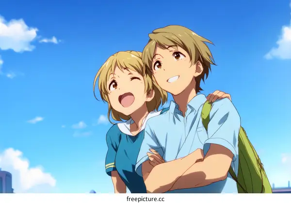 Two happy anime characters under a blue sky