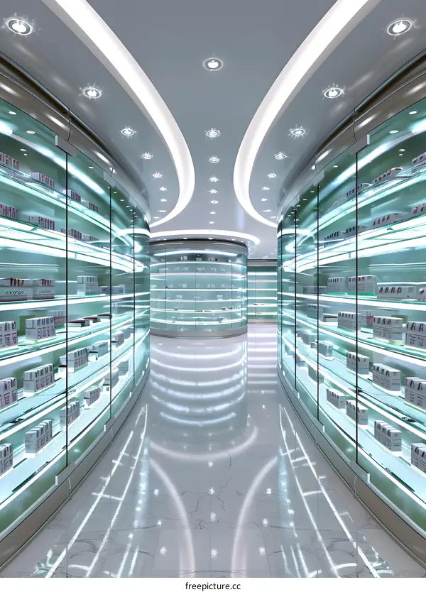 Modern Pharmacy Interior Design With Glass Shelves