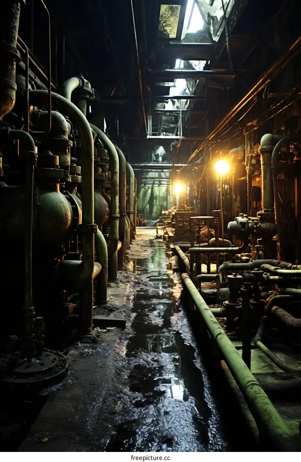 A Dark and Eerie Factory Building with Machinery Pipes