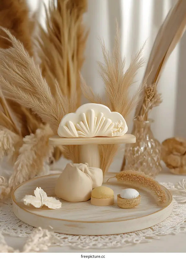 White Decorative Wooden Stand with Pampas Grass