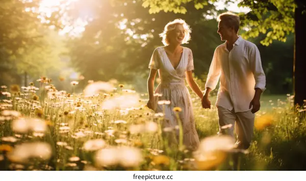 A couple is walking in a field of flowers