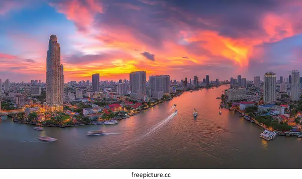 Bangkok Skyline at Sunset with Chao Phraya River