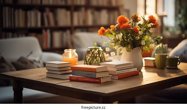 Cozy Reading Nook with Bookshelf and Flowers