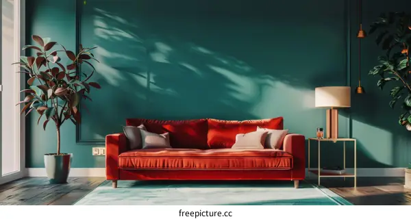 red sofa in front of dark green wall with sunlight and shadows