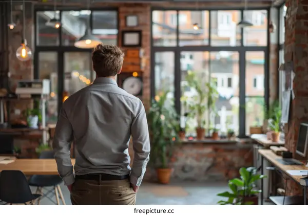 Businessman looking out the office window