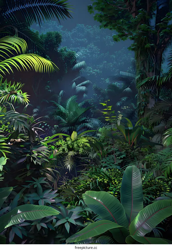 Tropical Rainforest at Night with Lush Green Foliage