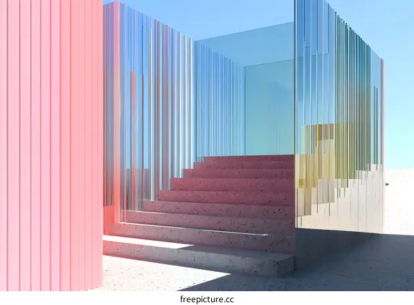 Abstract Minimalist Geometric Architectural Structure with Pink, Blue, Green and Yellow Glass Panels and Concrete Stairs