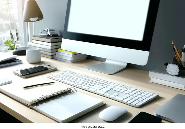 Modern Workspace Desk with Computer and Accessories
