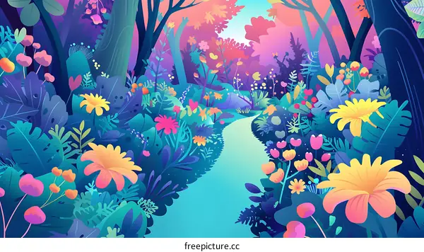 Colorful Floral Pathway Through a Dreamy Forest