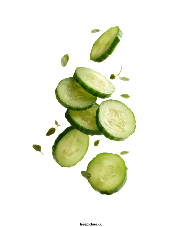 [Transparent Background PNG]Cucumber Slices in Motion Food Photography