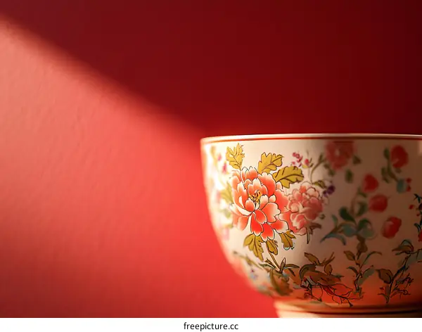 Close Up of Porcelain Bowl with Floral Pattern Against Red Background
