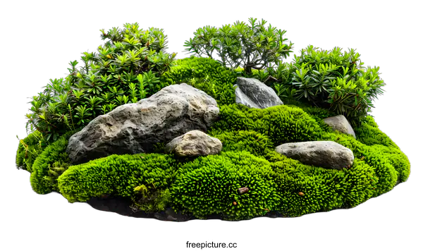 [Transparent Background PNG]Green Moss And Stones On White Background