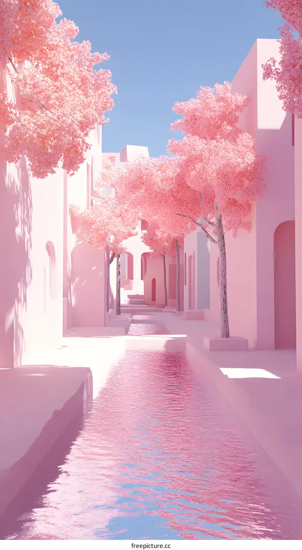 Pink Cityscape with Canal and Cherry Blossoms