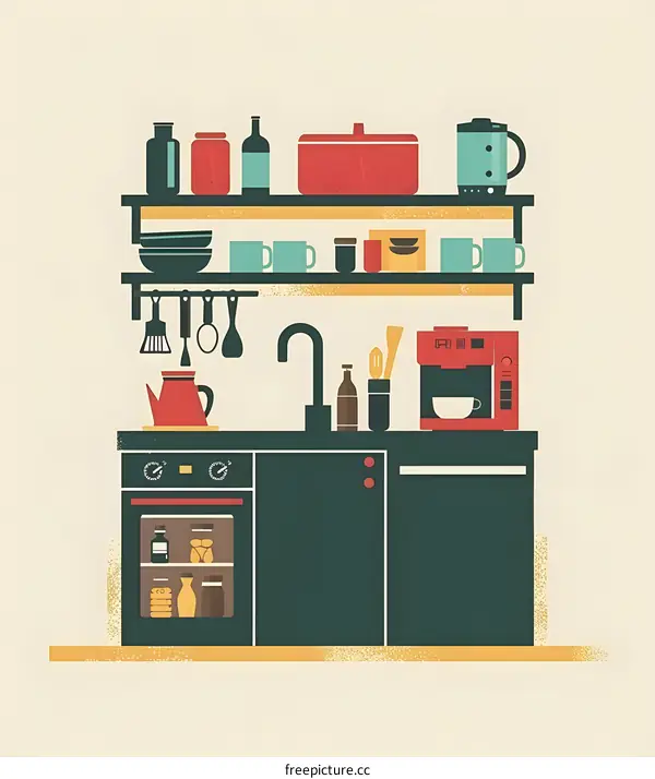 Modern Kitchen Design Illustration with Red and Green Colors
