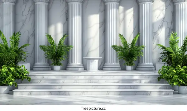 Marble Staircase with Columns and Plants